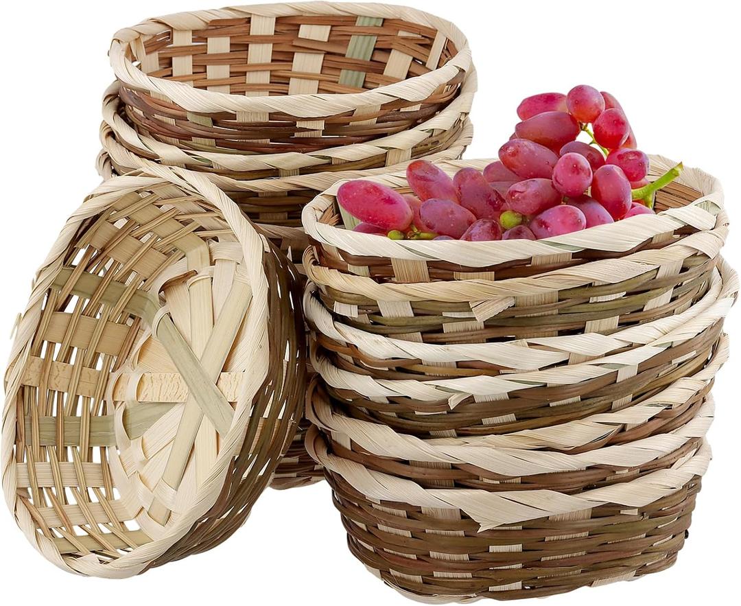 15 Pack Round Gift Baskets, 6.7x2.3 Inch Small Bamboo Bread Baskets for Bar, Kitchen, Supermarket