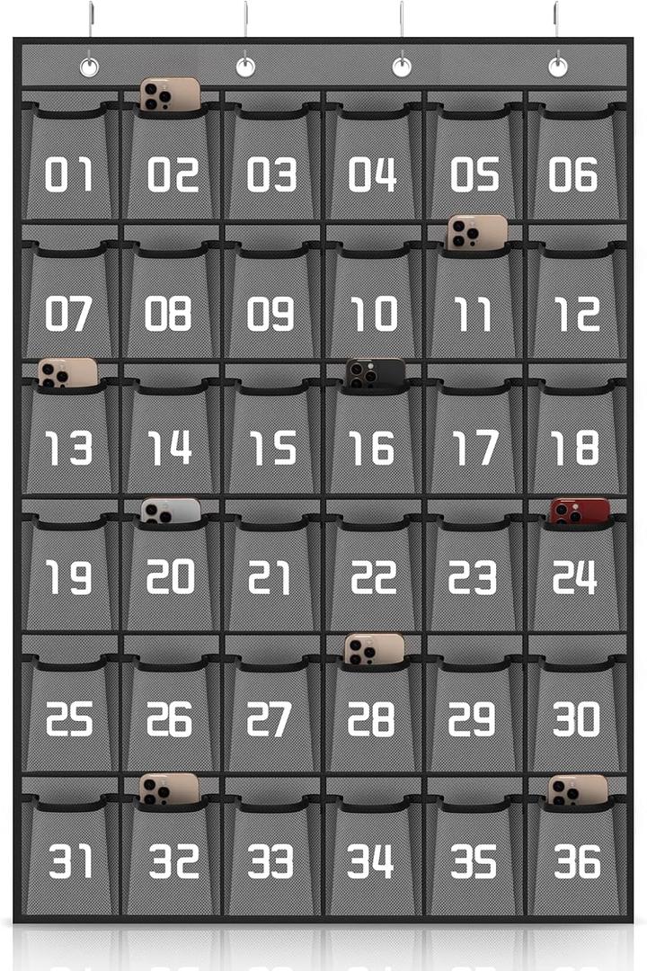 Classroom Accessories Closet Pocket Chart for Cell Phones Holder Wall Door Hanging Organizer (36 Pockets Gray)