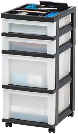 IRIS USA Plastic Drawer Storage Organizer Rolling Cart, with Wheels Casters, 4-Drawers, for Classroom Art Craft Supplies Dresser Closet Bathroom Laundry Room, Black/Pearl