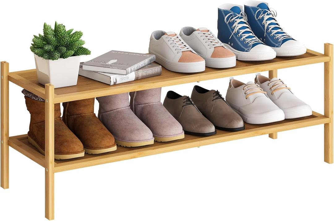 BMOSU 2-Tier Bamboo Extended Shoe Rack Premium Stackable Shoe Shelf Storage Organizer for Hallway Closet Living Room Entryway Organizer(Natural)