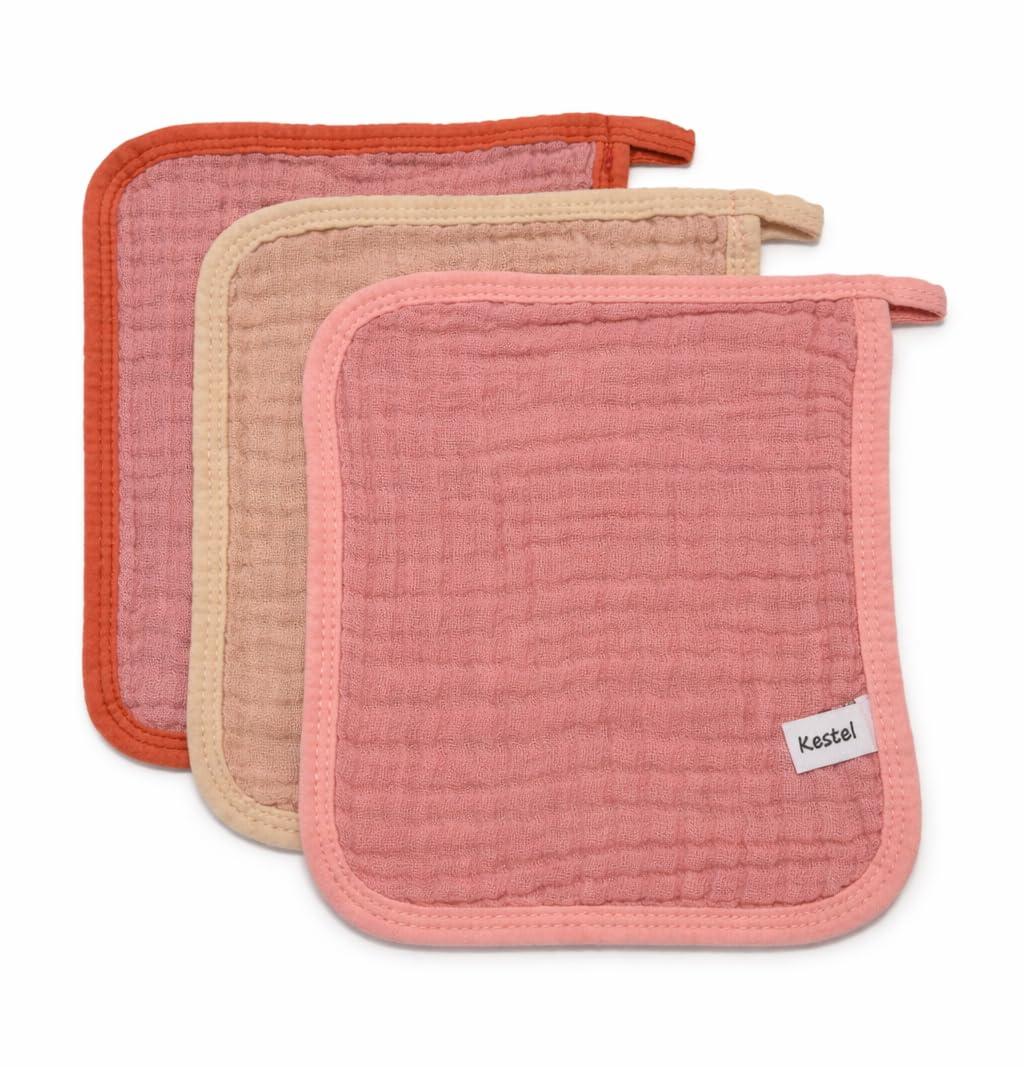 Kestel Muslin Baby Washcloths, 100% Cotton Baby Bath Wash Cloths, Soft & Absorbent for Newborns and Toddlers, Reusable 8x8 Inches, 3 Pack (Peach)