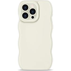 Anuck for iPhone 15 Pro Case Wave, Curly Frame Design for Women Girls, Cute Wavy Solid Color Aesthetic Phone Case Soft Flexible TPU Shockproof Full-Body Protective Cover 6.1" - Beige White