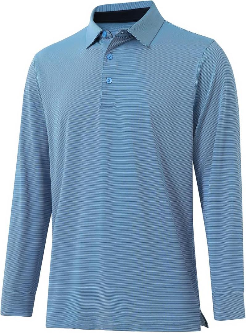 Mens Golf Shirts Long Sleeve Moisture Wicking Collared Work Business Casual Tennis Polo Shirts for Men (Blue, XXL)