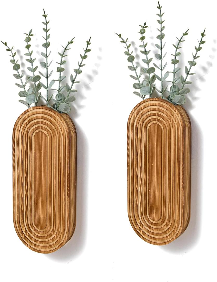 2 Pack Carved Wood Wall Planters with Fake Eucalyptus Stems for Wall Decor - Boho Wooden Wall Art for Living Room, Bedroom, Bathroom (Brown)