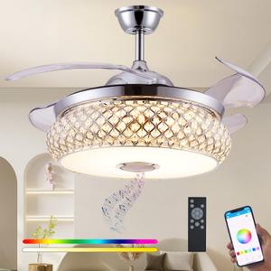 DFL 48" Retractable Bluetooth Ceiling Fan with Speaker, Ceiling Fan Chandelier with Bluetooth Speaker RGB Color Changing，6 Speed Reversible Modern Invisible Ceiling Fan, Remote and APP Control