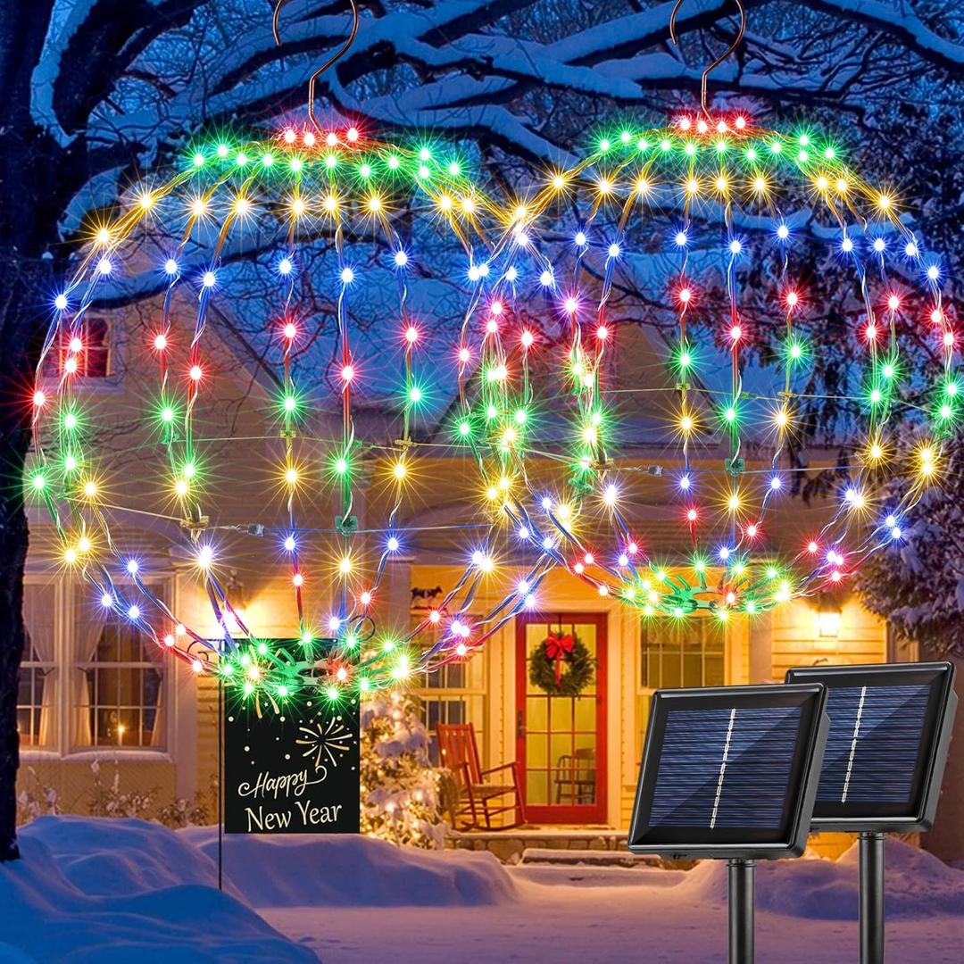 Joomer Christmas Solar Ball Lights, 13IN & 11IN Foldable Metal Sphere Lights Waterproof 8 Modes with Hook, Solar Powered Hanging Globe Light for Outdoor Christmas Decor (2 Pack, Multicolor)