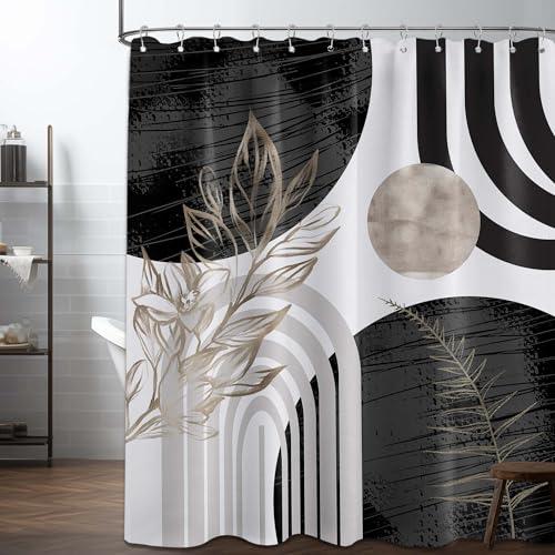 QGHOT Boho Mid Century Modern Shower Curtain Black and White Shower Curtains for Mens Bathroom Decor Cool Grey Abstract MCM Masculine Bath Curtain Set, Waterproof Fabric with Hooks 72x72 inch