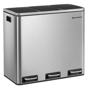 SONGMICS LTB54NL 3 x 18L 3 Compartment Waste Bin with Slow-Close Lid with Inner Buckets and Handles for Kitchen, Silver and Black