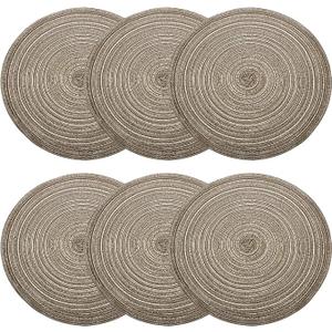 6pcs Round Braided Placemats 14" Non-Slip Round Table Mats for Dining Tables Washable Heat Insulation Woven Placemats Indoor Outdoor for Family Holiday Dinner, Brown