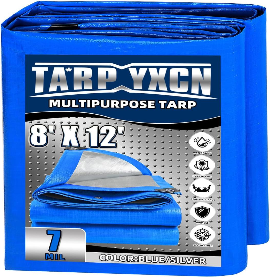 Tarp 8x12 Feet, 7 Mil Thick Waterproof Poly Tarps Cover UV Resistant, Rip & Tear Proof with Metal Grommets Every 20 Inche (Blue/Silver)