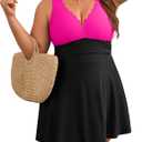 Charmo Women Plus Size Swimdress One Piece Swimsuit Ruched Tummy Control Bathing Suit Scalloped V Neck Flowy Swimwear (1X, Black Pink)