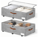 60L Large Under Bed Storage with Wheels Pack of 2, Underbed Shoe Container Bin with Clear Lid Cover, 10.5 Inches Rolling Under Bed Drawer Storage Bag Basket for Boots Quilt Sweater - Grey