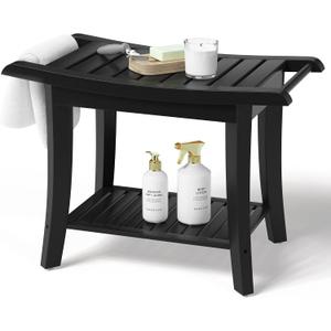 Bamboo Shower Bench Inside Shower Stool with Space-Efficient Storage Shelf, Shower Bath Chairs Spa Seats for Bathroom - Great for All Ages Unisex Elderly (Waterproof, Black)
