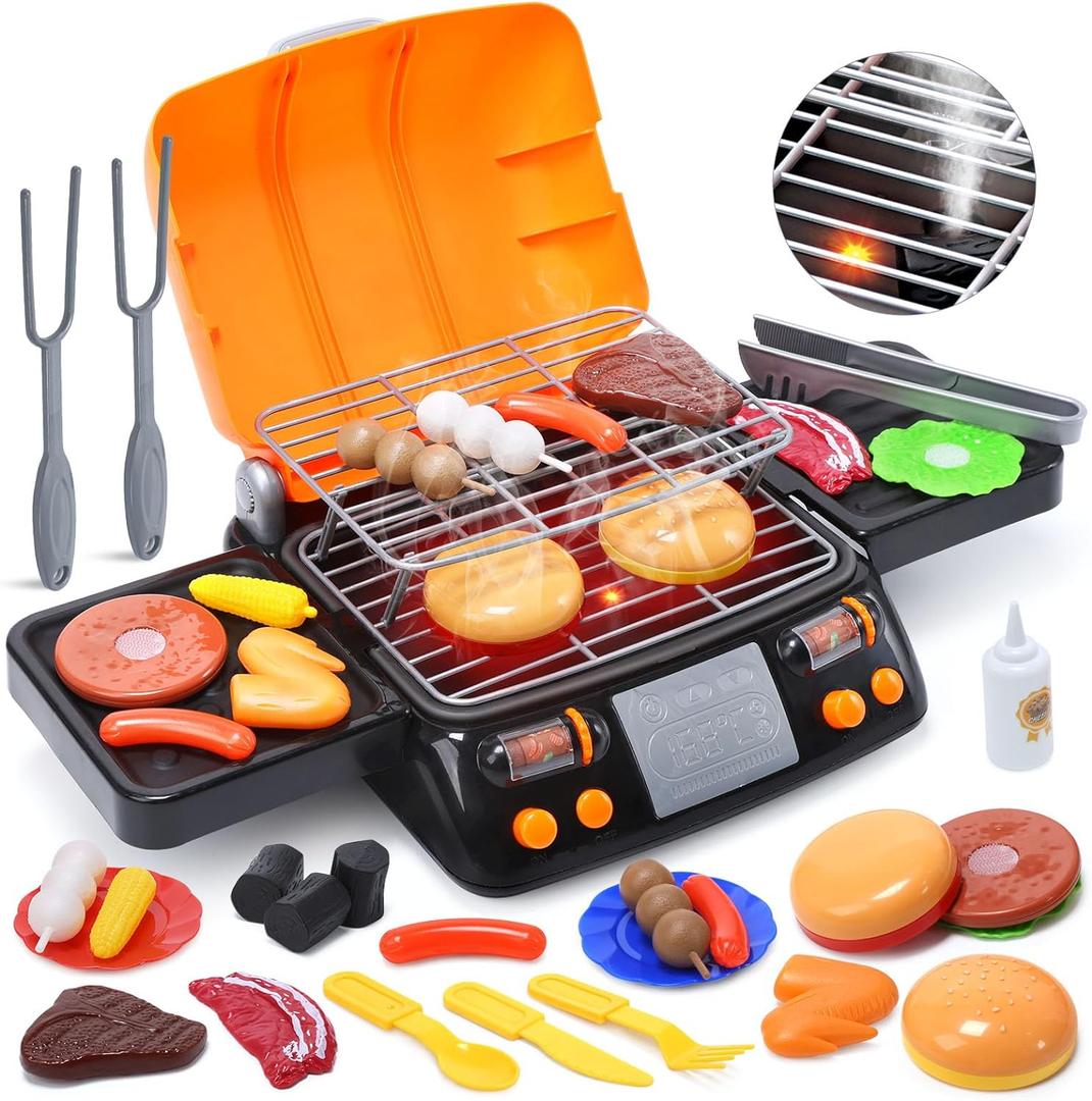 CUTE STONE Cooking Toy BBQ Set, 2 Layers Kids Grill Playset with Play Food, Pretend Smoke Sound and Light, Kitchen Accessories Utensils Toy, Outdoor Camping Barbecue Toys Gift for Toddlers Girls Boys