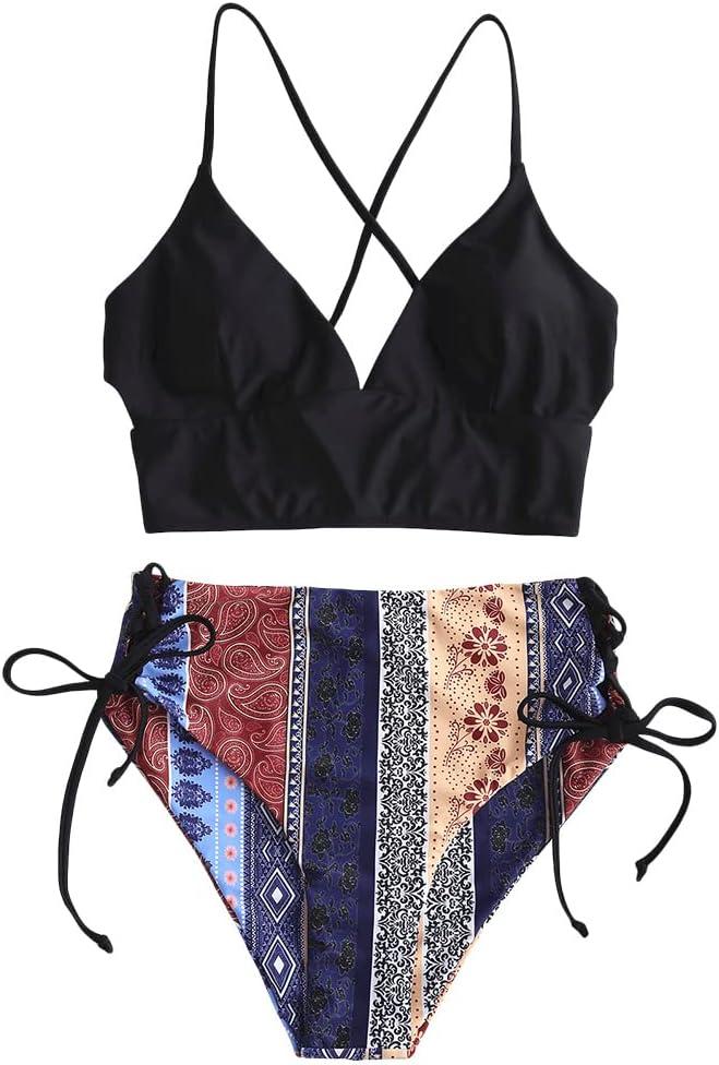 AFUL Women's Boho Mix and Match Swimwear Two Piece Bikini with High Waisted Bathing Suits(4-Black-Boho, S)