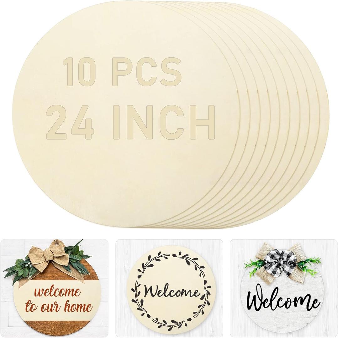 Whaline 24 x 0.1 Inch Wood Circles for Crafts, 10 Pcs Christmas Unfinished Round Wooden Discs Farmhouse Rustic Wood Door Hanger Natural Blank Wooden Slices for Xmas DIY Painting Art Craft Decor