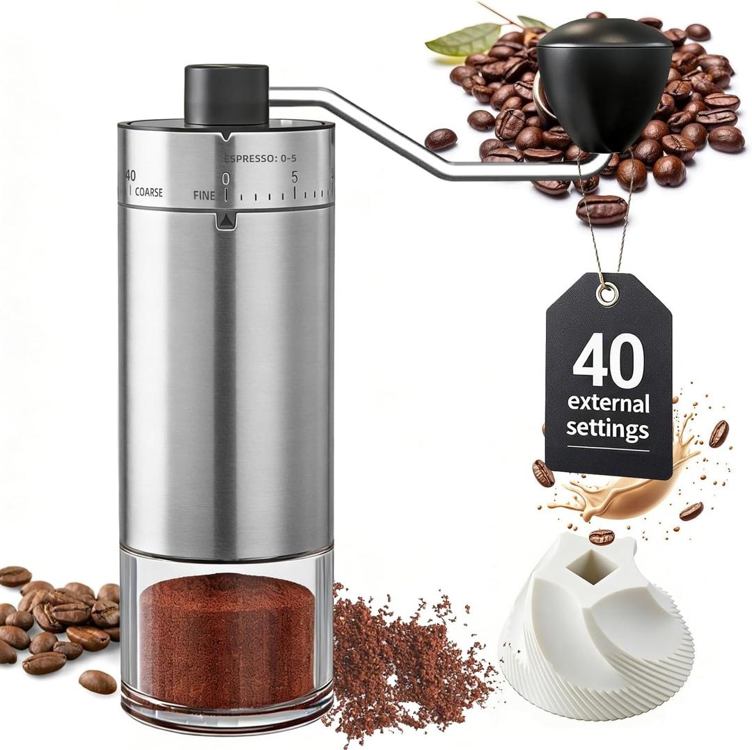 Manual Coffee Grinder 40 External Adjustable Settings, Ceramic Conical Burr Stainless Steel Hand Coffee Bean Grinder, Portable Coffee Mill for Espresso, Pour Over, French Press, Camping Travel