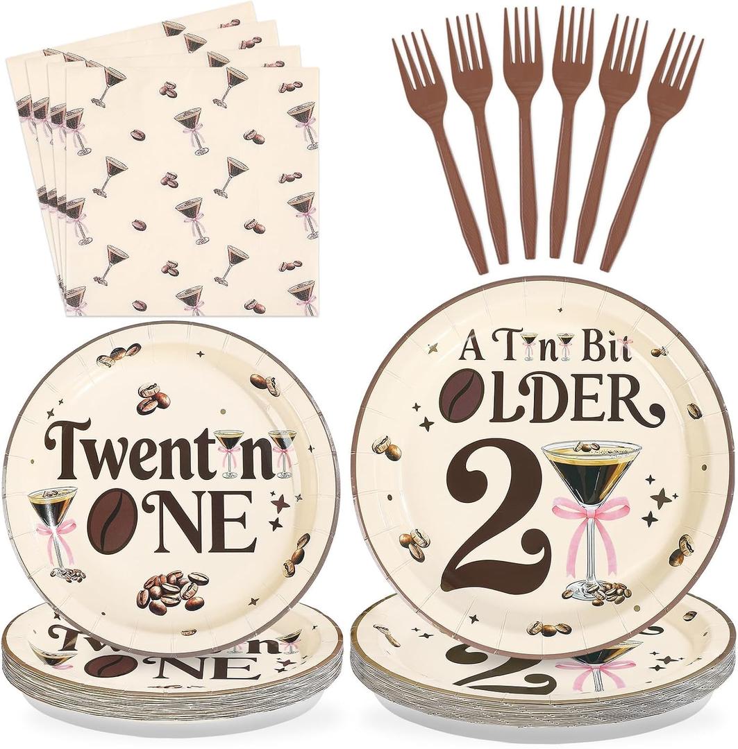 96 Pcs Espresso Martini Happy 21st Birthday Decorations Martini A Tini Bit Older Paper Plates and Napkins Twentini One Tableware Set for Girls Women 21st Birthday Bachelorette Party Supplies, Serves 2