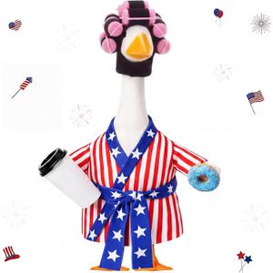 Shyyween Patriotic 4th of July Porch Goose Outfit 23 Inch American Lady Goose Statue Clothes Red White and Blue Bathrobe Coffee Cup Curlers 250th Anniversary Garden Lawn Decor