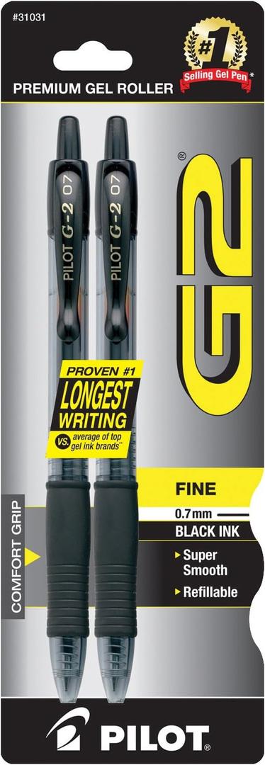 Pilot, G2 Premium Gel Roller Pens, Fine Point 0.7 mm, Black, Pack of 2