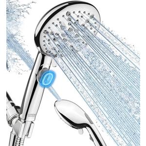 Cobbe High Pressure Shower Head with Built-in Pause Button, 9-Function Detachable Showerhead with Handheld Brass Swivel Bracket & Stainless Steel Hose, Water Saving 1-Click Stop, Chrome
