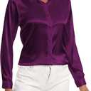 COUXILY Womens Satin Button Down Shirt Business Casual Long Sleeve Silk Blouse Collared Curved Hem Slim Fit Office Work Tops (Purple), XL