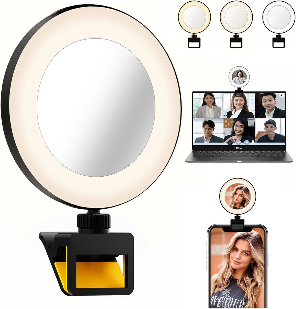 60 LED Video Conference Ring Light  Rechargeable Clip Design, 3 Adjustable Light Modes - Universal for Phones/Laptops, 3000K-5000K Color Range, 2H Battery, Streaming/Makeup/Office Use