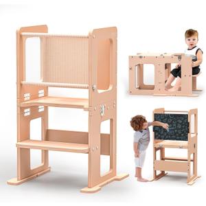 Toddler Tower Kitchen Step Stool with Chalkboard, 3-in-1 Learning Standing Tower, Convertible Kids Table and Chair, Wooden Kitchen Standing Stool with Safety Protective Net for Counter & Sink