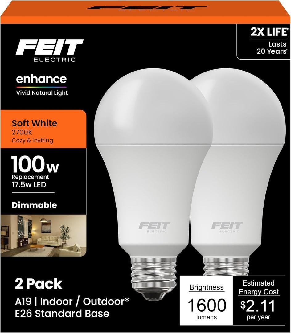 Feit Electric A19 LED Light Bulb, 100W Equivalent, Dimmable, E26 Base, CRI 90, 1600 Lumens, 2700K Soft White, General Purpose Light Bulb, 22-Year Lifetime, OM100DM/927CA/2, 2 Pack