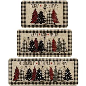 Artoid Mode Buffalo Plaid Xmas Tree Merry Christmas Kitchen Mats Set of 3, Winter Home Decor Low-Profile Kitchen Rugs for Floor - 17"x29"+17"x36"+17"x47" (Black/Beige)