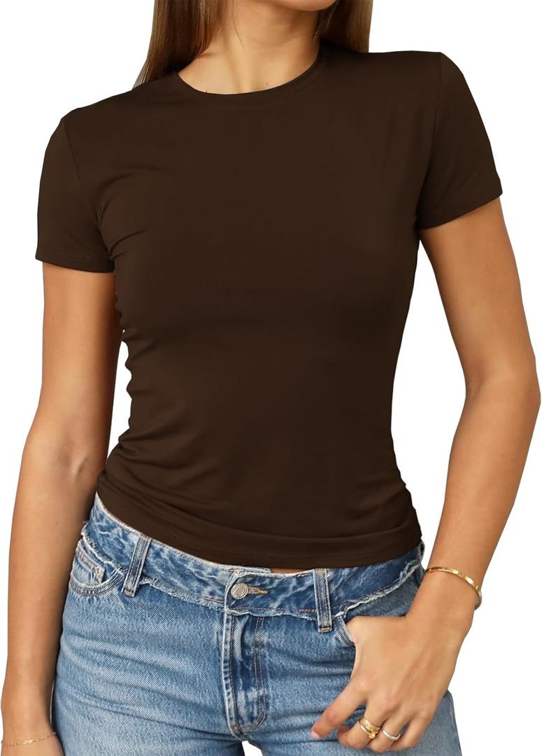 Abardsion Women's Casual Basic Going Out Crop Tops Slim Fit Short Sleeve Crew Neck Tight T Shirts 2025 (Medium, Deep Brown)
