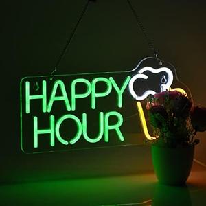Roouneon Happy Hour Neon Sign Bar Club Bedroom LED Dimmable Neon Lights Signs for Office Hotel Pub Cafe Wedding Birthday Party Man Cave Art Wall Lights(17X8inch)
