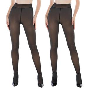 EXQUISLIFE Fleece Lined Tights Sheer Women - Fake Translucent Warm Pantyhose Leggings Sheer Thick Tights, for Winter (Black+Black), X-Large