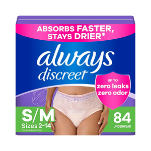 Always Discreet Adult Incontinence Underwear for Women and Postpartum Underwear, S/M, Up to 100%* Bladder Leak Protection, 84 CT,
