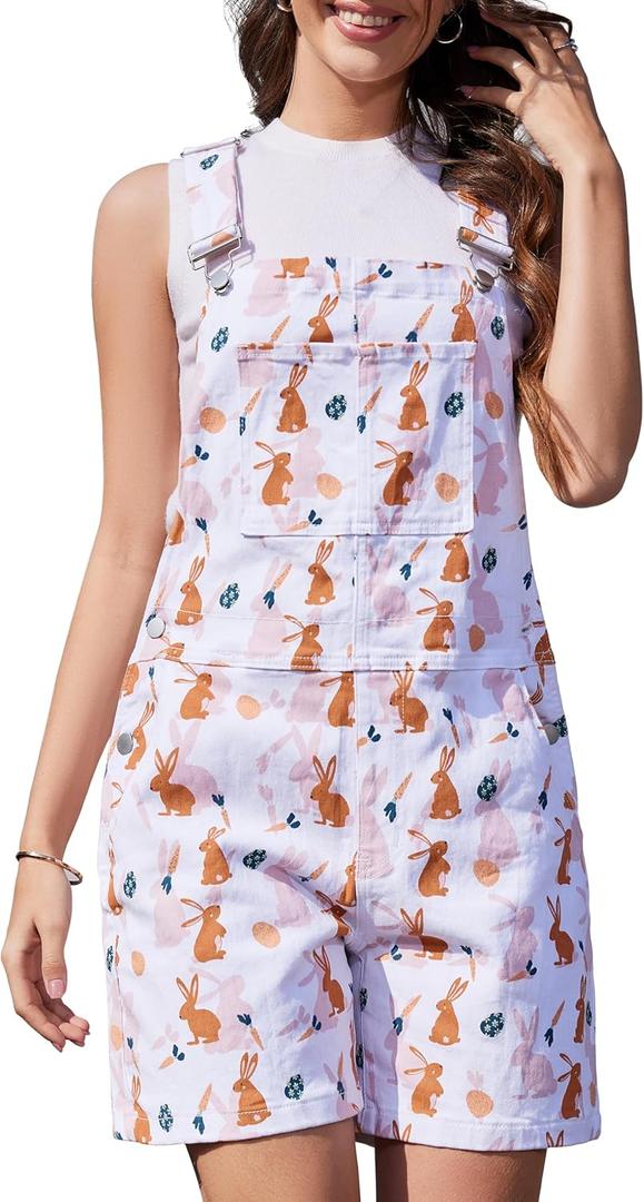Bindefon Festival Bib Overalls for Women Adjustable Straps Work Coveralls Printed Shorts Jumpsuit (S)