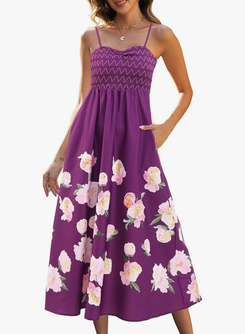 Gardenwed Women's Floral Print Maxi Dress,Spaghetti Strap Smocked Bodice A-Line Sundress with Pockets L Purple