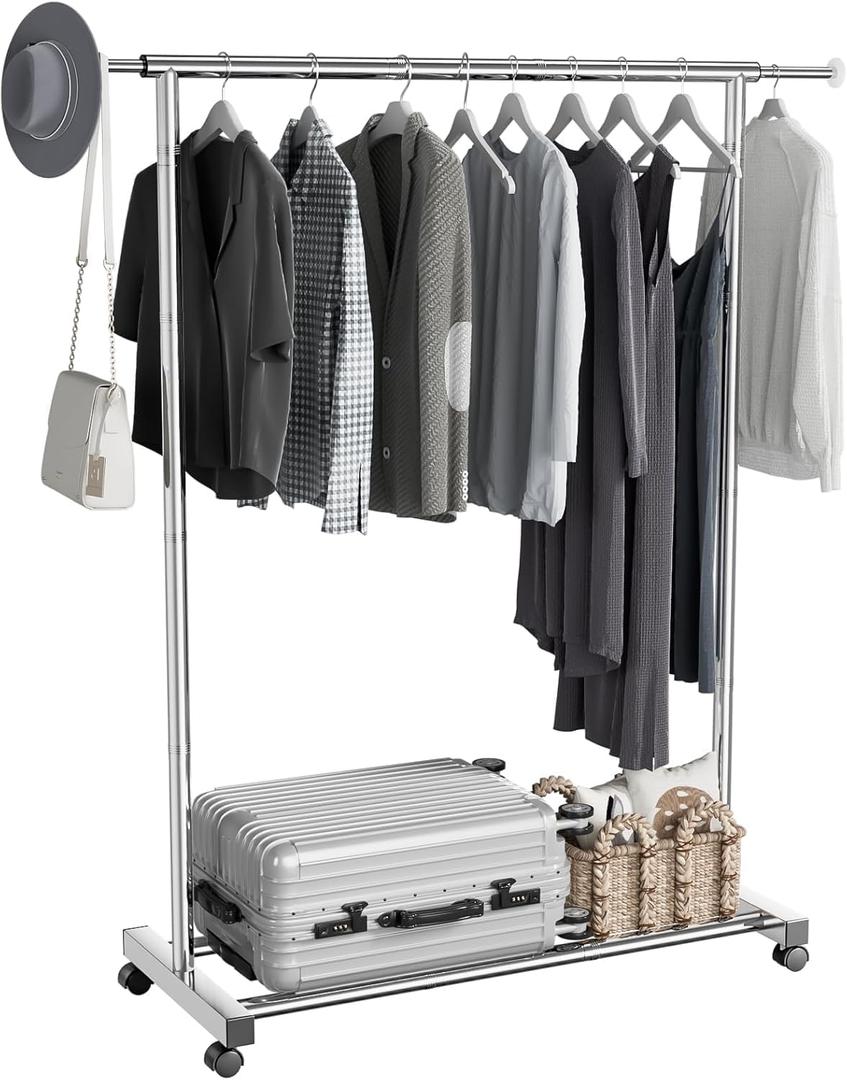 Clothing Rack for Hanging Clothes, Stainless Steels Rolling Clothes Rack, Coat Rack, Garment Rack, Portable Closet Rack, Free Standing Clothes Rack with Wheels, Adjustable Length (XL)