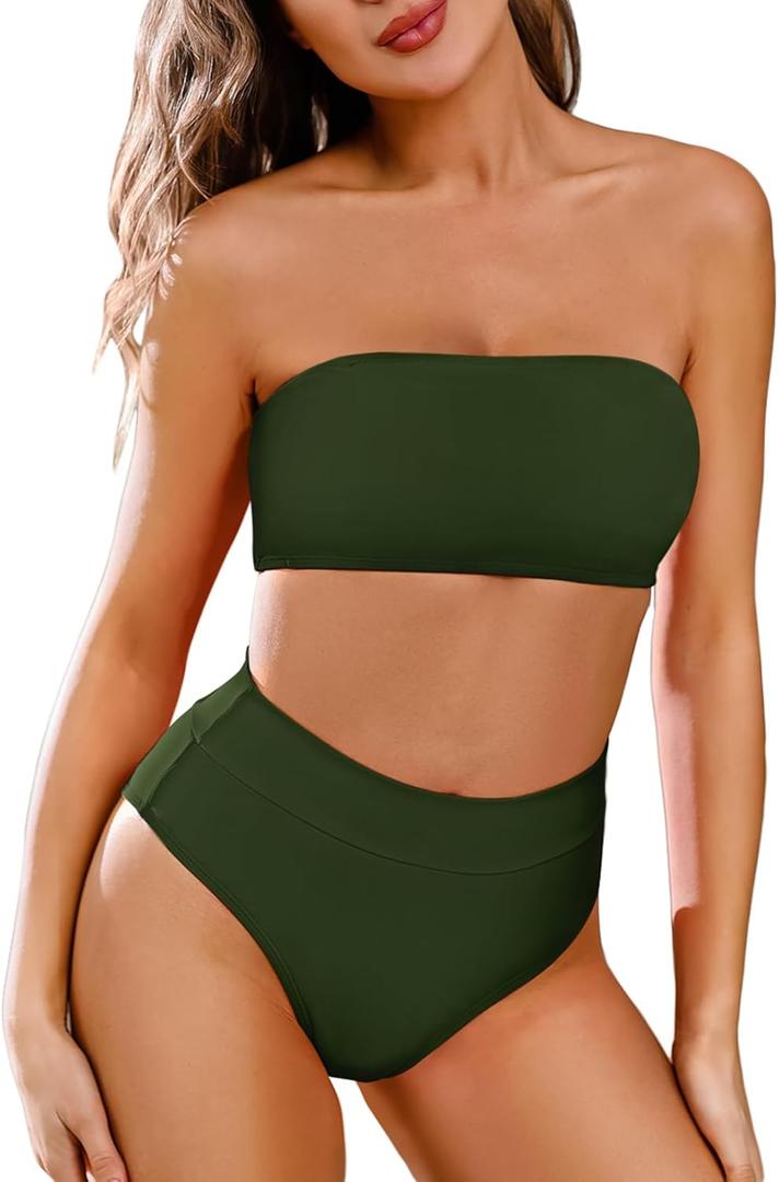 Pink Queen Women's Removable Strap Wrap Pad Cheeky High Waist Bikini Set Swimsuit, Color: 01 - Army Green, Small