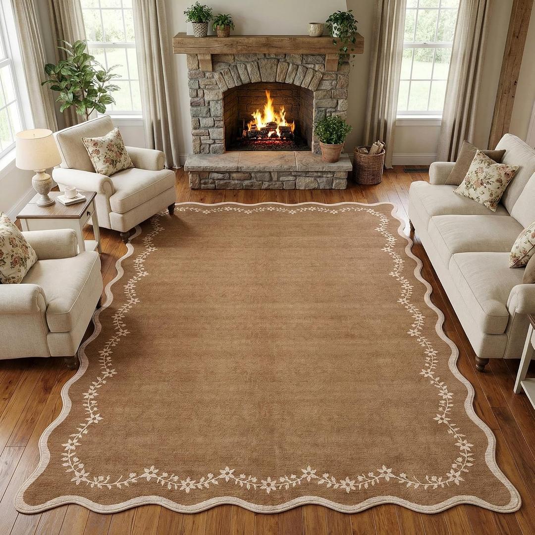GarveeHome 6x9 Scalloped Area Rug Brown Washable Rugs for Living Room Bedroom, Soft Low Pile Non Slip Accent Floor Mat Solid Floral Print Throw Rug Farmhouse Indoor Carpet for Dorm Playroom