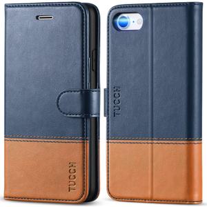 TUCCH Wallet Case for iPhone SE 2022/SE 2020/iPhone 8/7, Premium PU Leather Folio with Stand Card Slot Magnetic Flip Cover [TPU Interior Case] Compatible with iPhone SE3/SE2/8/7, Dark Blue & Brown