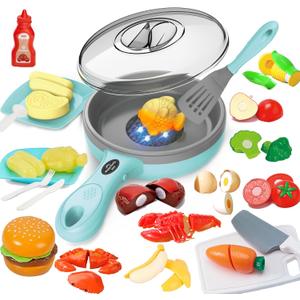 Kids Play Kitchen Accessories with Light & Sound, Play Food Set for Kids Kitchen, Pretend Food Play Toys with Pots & Pans,Kitchen Toys with 11pcs Cutting Toy Food, Gifts for 3 4 5 Years Old Girls Boys