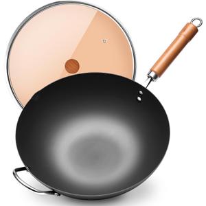 WANGYUANJI Iron Wok,12.59 inch Woks for Stir-fry, Chinese Stir Fry Pan Uncoated, Traditional Flat Bottom Iron Pot for Induction, Electric, Gas, Suitable for All Stoves(Pure Iron Wok)