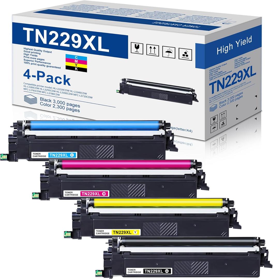 TN-229XL TN229XL Toner Cartridges 4 Pack (BK/C/M/Y) Replacement for Brother TN229 TN229XL High Yield MFC-L3780CDW Printer Toner Cartridge - TN2294PK