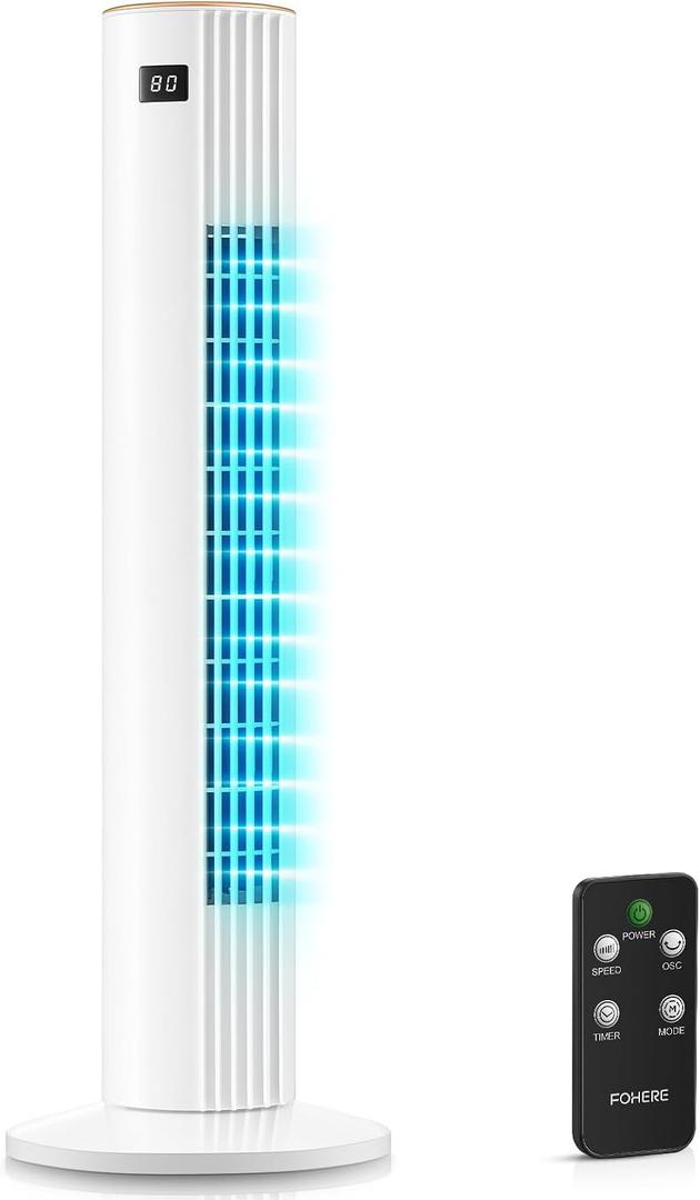 Tower Fan for Bedroom, Quiet Oscillating Floor Fans with 70°, Remote Control, 3 Modes, 3 Speeds, 12H Timer, 30" Bladeless Standing Fan for Home, Office, Living Room, White, Large