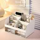 COMFYROOM Desk Organizer with 6 Compartments and 2 Drawers, Plastic Makeup Organizer, Pen Holder for Desktop Storage, Desk Organization for School, Home, Office Supplies (White)