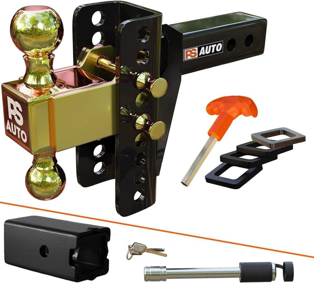 PSAUTO Adjustable Ball Mount Trailer Hitch 2-inch Receiver, 6-inch Drop, 20,000 LBS, 2 and 2-5/16 inch Balls - Gooseneck