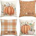 AVOIN colorlife Hello Fall Hello Pumpkin Throw Pillow Covers, 18 x 18 Inch Autumn Thanksgiving Harvest Orange Eucalyptus Decorations for Sofa Couch Set of 4