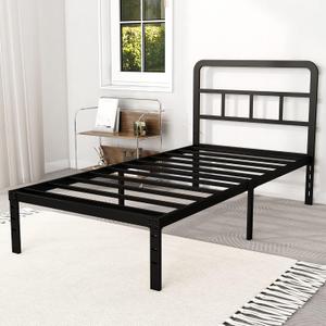 Metal Platform Twin Bed Frames with Headboard, 14 Inch No Box Spring Needed Heavy Duty Steel Slat Mattress Foundation/Easy Assembly/Noise Free/Black