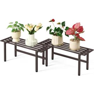 2 Pack Metal Plant Stand Outdoor Plant Shelf Indoor,1 Tier Heavy Duty Plant Stands for Multiple Plants,26" L x 10.12" H x 8.75" W,Coffee