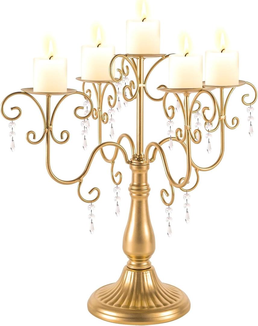 LANLONG 15.3in Gold Candelabra Centerpieces for Tables, 5 Arm Crystal Candelabra for Pillar Candles, Metal Candelabra Candle Holders for Wedding Centerpiece Decor Party Event Reception Decoration